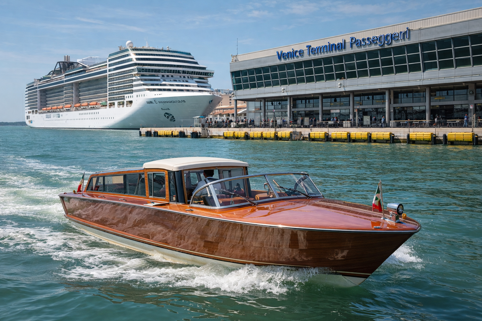 Luxury private water taxi arriving at Venice Marittima cruise terminal